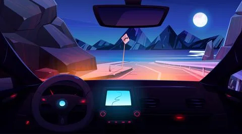 Inside view of car driving on road Stock Illustration