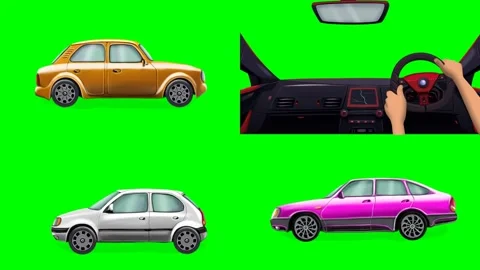Inside view of car steering wheels and colorful vehicles driving forward 2d Stock Footage 334702947