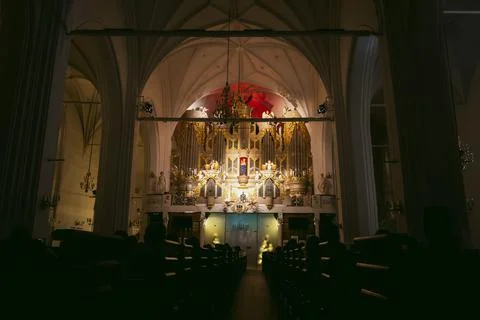 Inside view of cathedral hall with pipe organ on kant island. Stock Photos