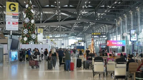 Inside view of the check in counter row area in international airport termi.. Stock Footage 259465520