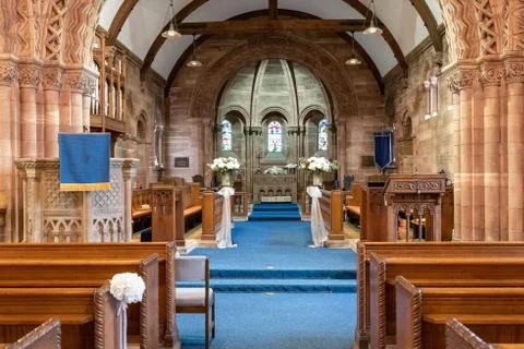 Inside view of a church looking down the aisle Stock Photos