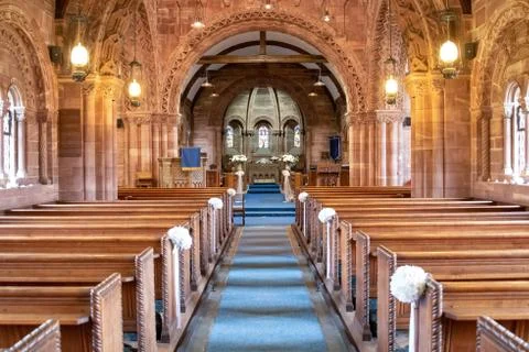 Inside view of a church looking down the aisle Stock Photos