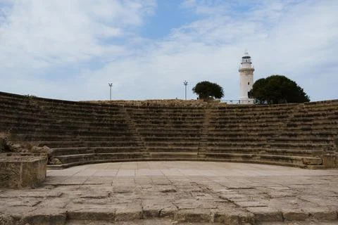 Inside view from Colosseum with white lighthouse on background Cyprus Stock Photos