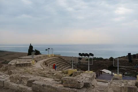 Inside view from Colosseum with white lighthouse on background Cyprus Stock Photos
