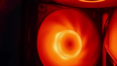 Inside view of a computer with flashing bright red RGB LED backlighting. Ga.. Stock Footage 277455347