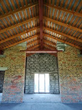 Inside view of the construction of a residential building made of bricks. Stock Photos
