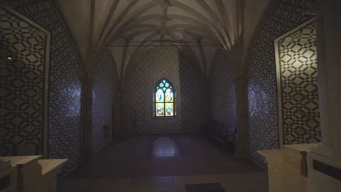 Inside view of different architectural styles of colorful Pena Palace 库存影片 92931260