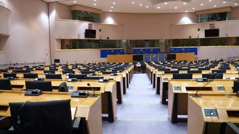 Inside View Of Empty Plenary Hall At The European Parliament  Looking Stock Footage 249667879