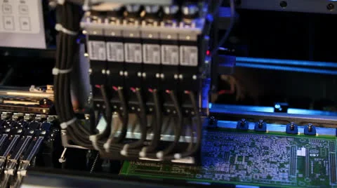 Inside view of an fast moving elcetronics device bulding circuit boards Stock Footage 23140617