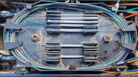 Inside View of a Fiber Optic Splice Closure Tray 스톡 사진