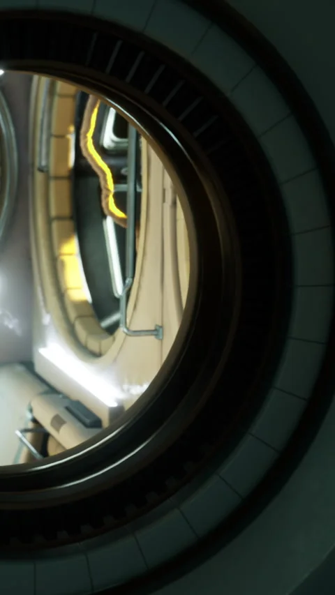 Inside view of a futuristic spacecraft cabin showing round window Stock Footage 335093324