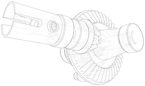 Inside view on gearbox cross section with gears and shafts. Wire-frame. EPS10 스톡 일러스트