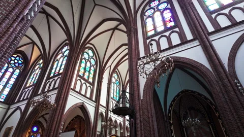 Inside view of the gothic architecture of St. Michael and St. Florian Cathedral Stock Footage 309622414