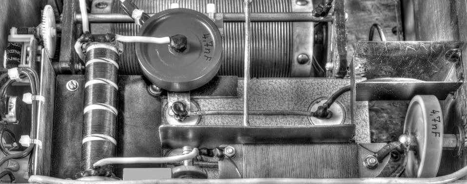 Inside view of high frequency power amplifier in black and white Stock Photos