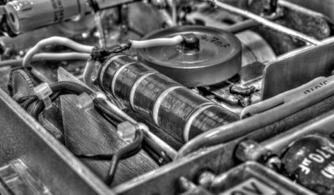 Inside view of high frequency power amplifier in black and white Stock Photos