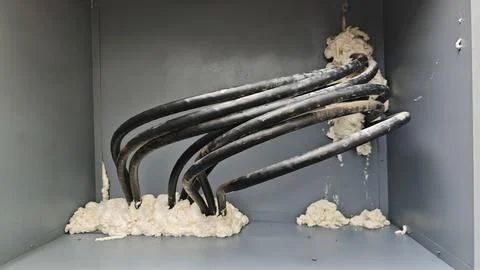 Inside view of high voltage underground power cables entering metal cabinet. Stock Photos