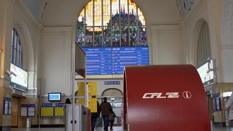 Inside view of the historical train station of Luxembourg. Stock Footage 119553734