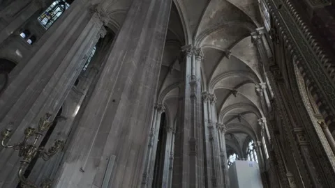 Inside view from the huge columns in the catholic Church of St. Eustache, Stock Footage 279620647