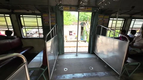 Inside View of Indian Local Train with Open Door in Motion Stock Footage 312889194