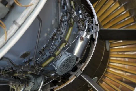 Inside view of jet engine. Different focus on central part Stock Photos