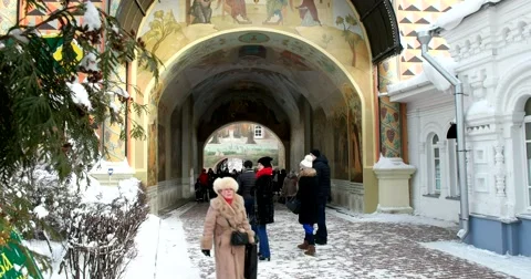 Inside view on the main entrance of the monastery, visitors Stock Footage 67567217