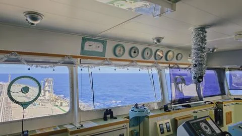 Inside view of marine vessel navigation bridge control room with gauges rad.. Stock Photos