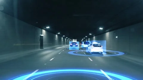 Inside view from a moving autonomous self-driving car vith HUD elements driving Stock Footage 246429555