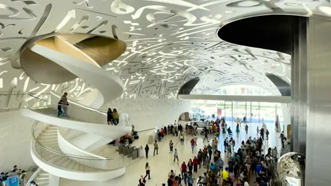 Inside view of the Museum of the Future with spiral staircases and white walls Stock Footage 238842764
