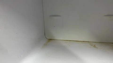 Inside view of old freezer chamber with worn white walls and frosty surfaces, Stock Footage 337121607