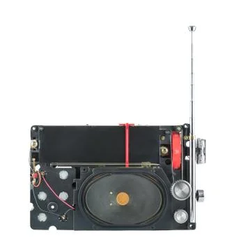 Inside view of old transistor portable radio receiver with telescopic antenna Stock Photos