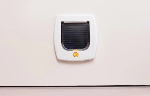 Inside view of a regular white cat flap, flap closed Stock Photos