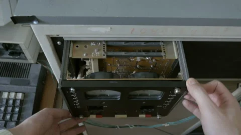 Inside view of retro electronic equipment with analog automatic control panel Stock Footage 91575364