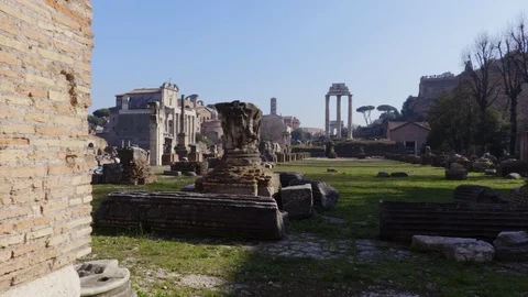 Inside view of the Roman forum in Rome, Italy. The Basilica Julia. Steadicam Видео 97181215