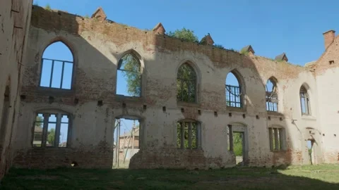 Inside view of ruined walls and windows of kirkha in Ulyanovsk. Church without Stock Footage 141340418