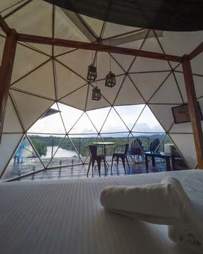 Inside view of rustic but glamorous tent Stock Photos