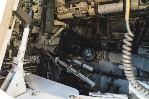 Inside view of a seat of soldier loading missiles. Monitors and promptings in an Stock Photos