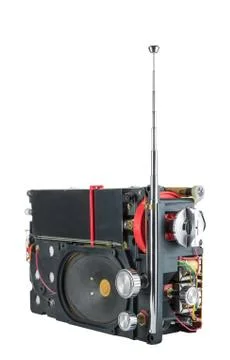 Inside view from side of old transistor portable radio receiver with telescop Foto stock