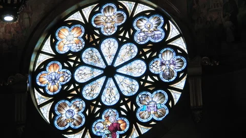 Inside view of stained glass in old temple or catholic St John Cantius Church Stock Footage 277732737