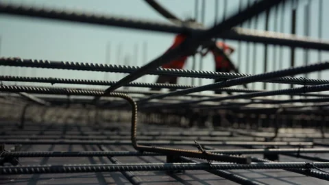 Inside view of steel reinforcement cage at construction site Stock Footage 344606412