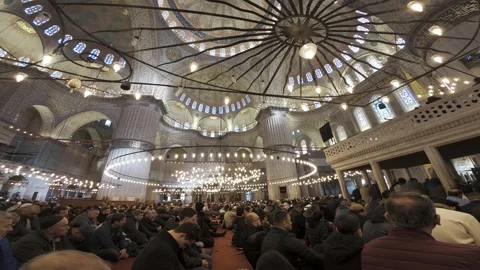 An inside view of Sultan Ahmed mosque, the Blue mosque in Istanbul Stock Footage 265487840