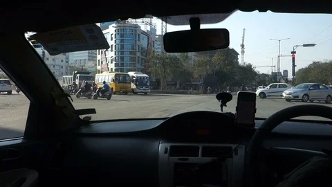 Inside-view-of-taxi-waiting-at-traffic-signal Stock Footage 101671350