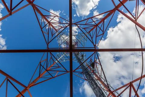 Inside view of telecommunication tower with microwave, radio panel antennas Stock Photos