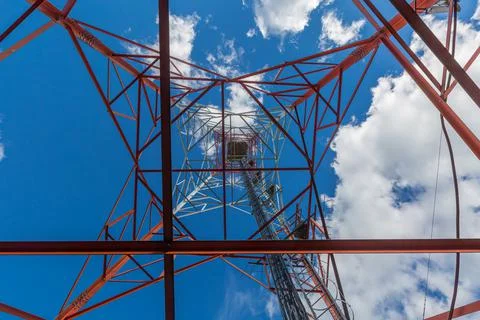 Inside view of telecommunication tower with microwave, radio panel antennas Stock Photos