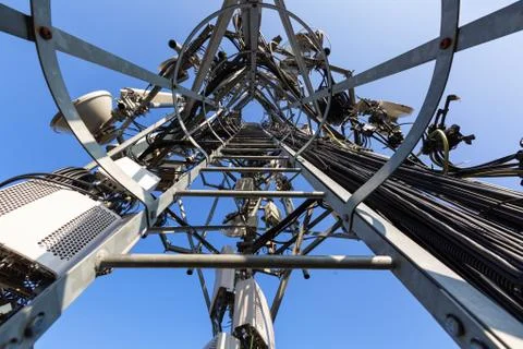 Inside view of telecommunication tower or mast with microwave equipment, radio Stock Photos