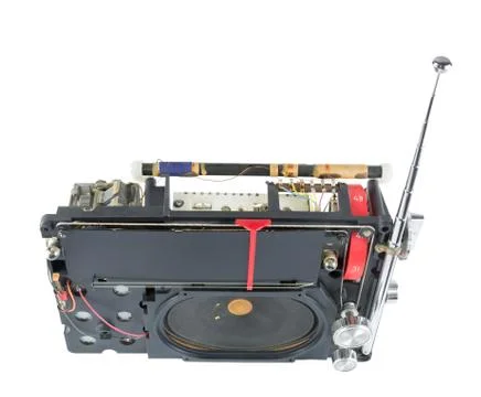Inside view from top of old transistor portable radio receiver with telescopi Stock Photos