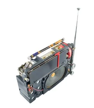 Inside view from top of old transistor portable radio receiver with telescopi Stock Photos