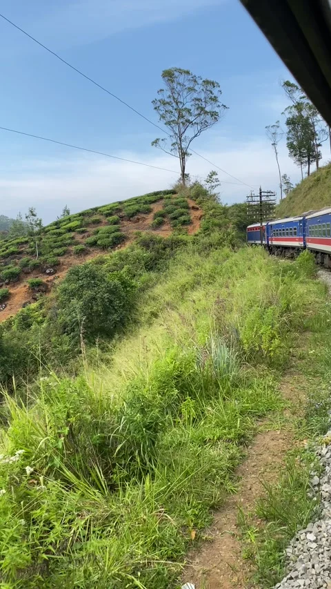 Inside view from the window of a train moving through Sri Lanka’s mountains Stock Footage 314369187