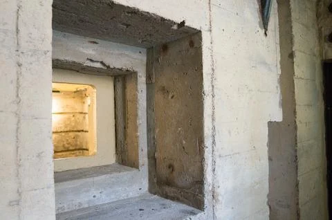 Inside view of windows and room of a German second world war bunker Stock Photos