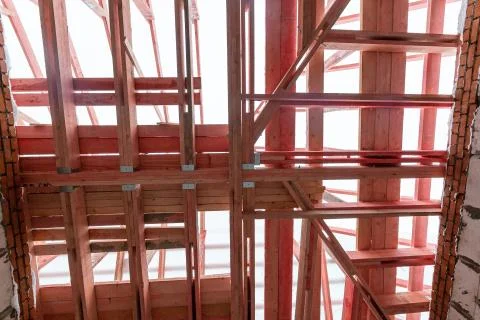 Inside view of working process of building house with wall made from foamed Stock Photos