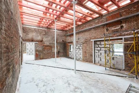 Inside view of working process of building house with wall made from foamed Stock Photos